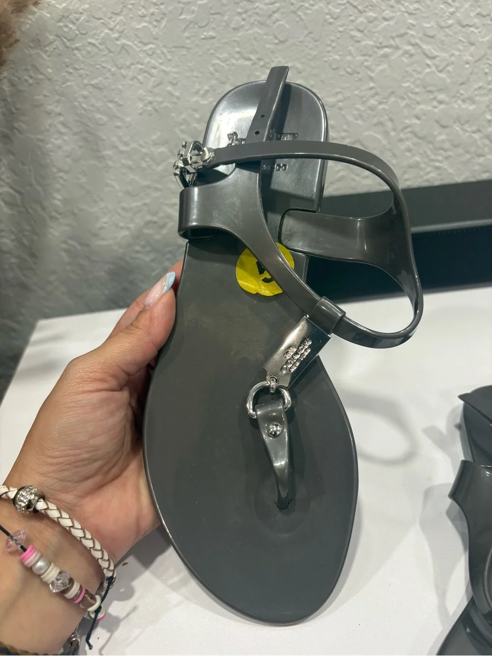 Coach Gray Jelly T-Strap Sandals with Silver Hardware